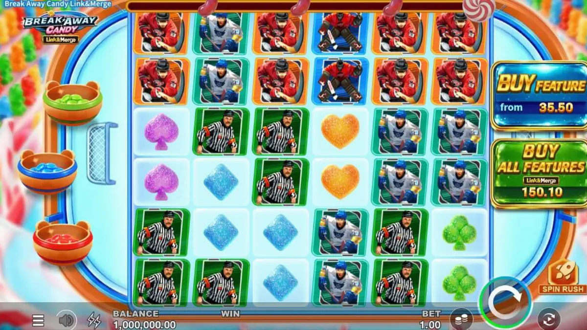 Tampilan visual slot Break Away Candy Link&Merge dengan tema hoki dan permen