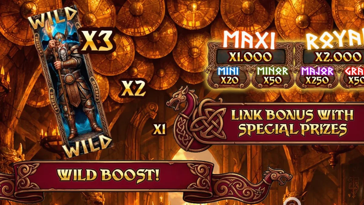 Pemandangan epik slot Valhalla Wilds Boost dengan tema Viking dan rune kuno