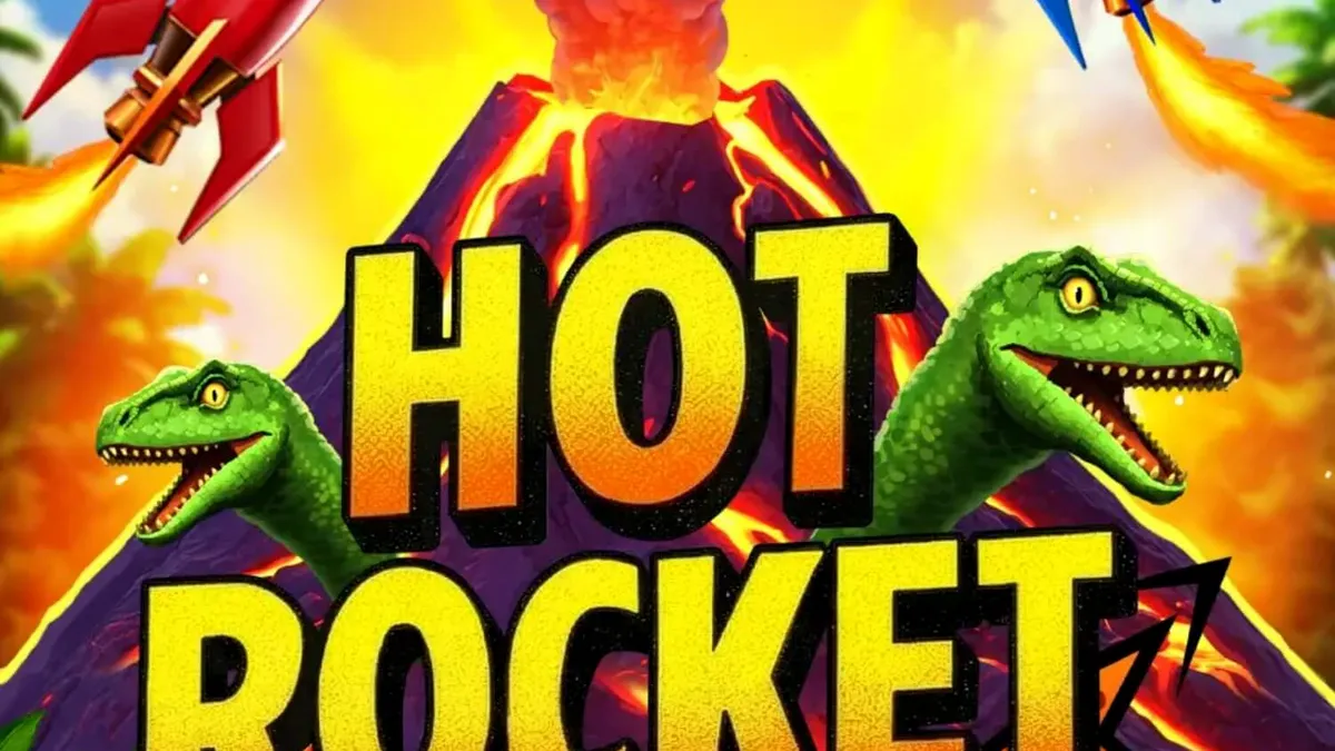 Tampilan visual slot Hot Rocket 5x 3x 2x dengan tema gunung berapi dan simbol klasik.
