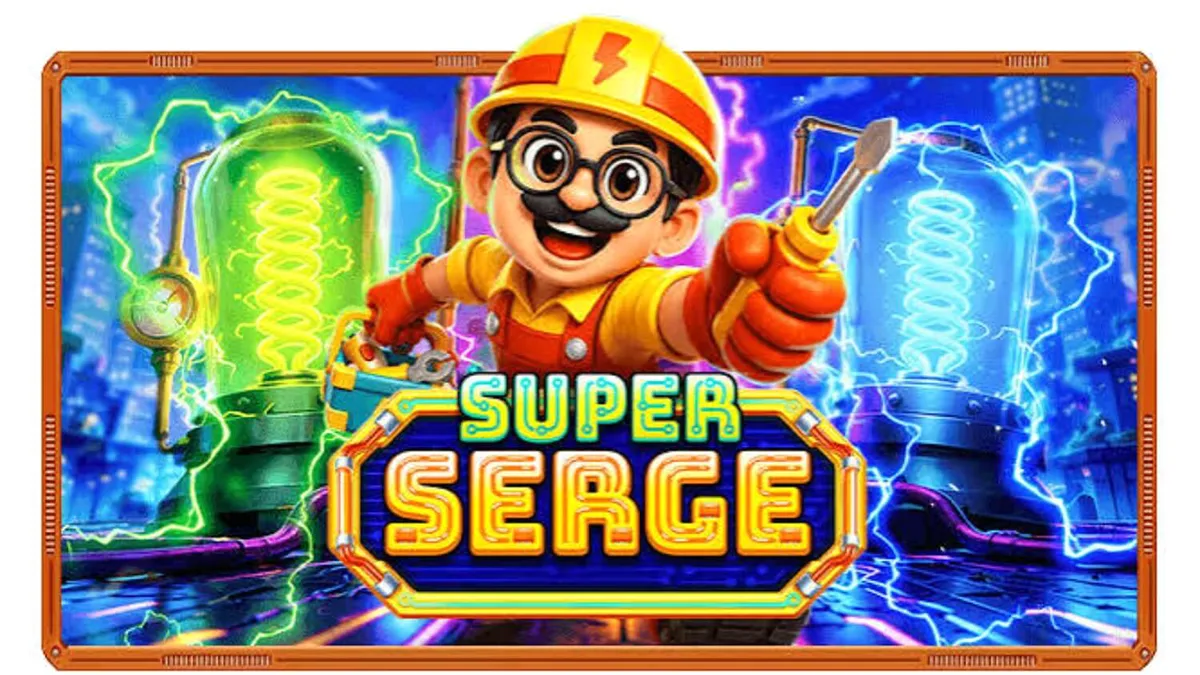 Tampilan visual slot Super Serge dengan tema neon futuristik dan karakter mekanik.