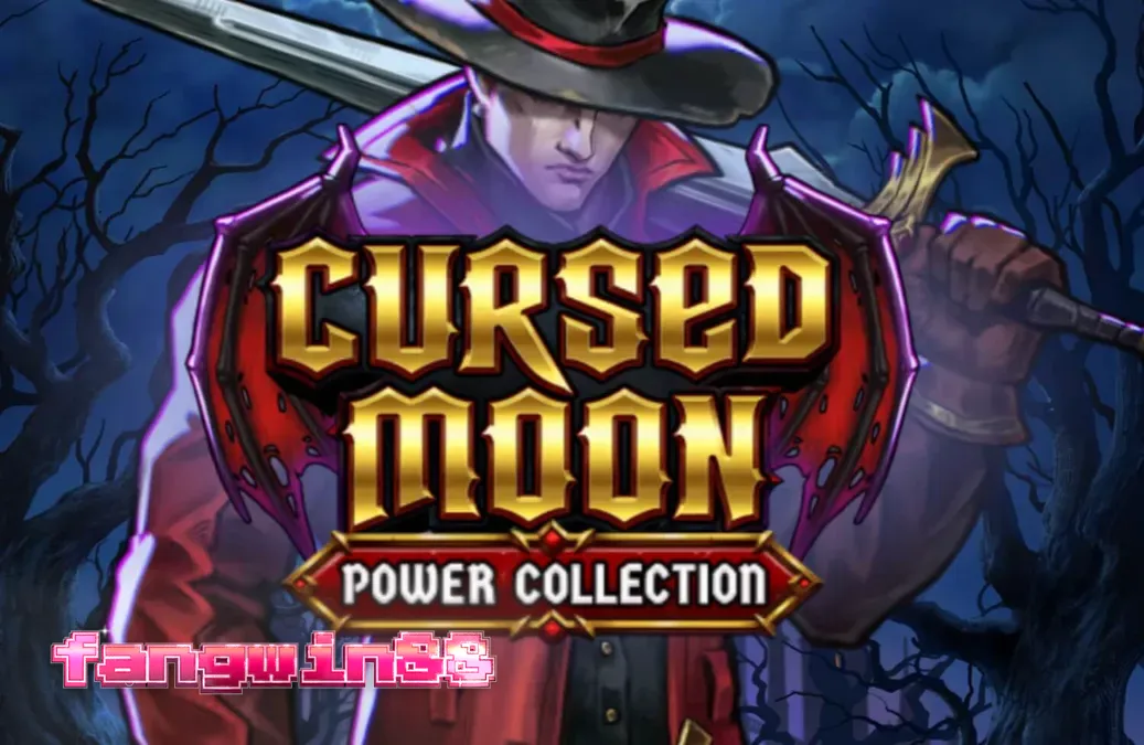 Tampilan visual slot Cursed Moon Power Collection dengan tema horor gotik dan pemburu misterius.